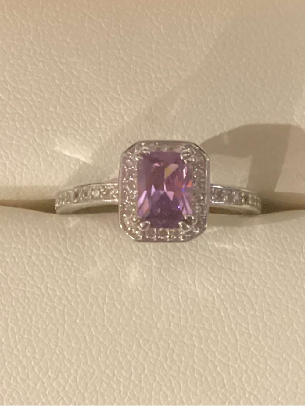 Elegant Purple Halo Solitaire Ring with Pavé Band. Size 7
